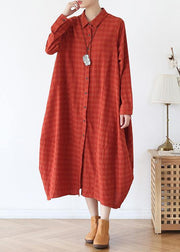 Women orange red dresses lapel Button Down Maxi fall Dress - SooLinen