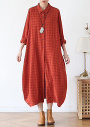 Women orange red dresses lapel Button Down Maxi fall Dress - SooLinen