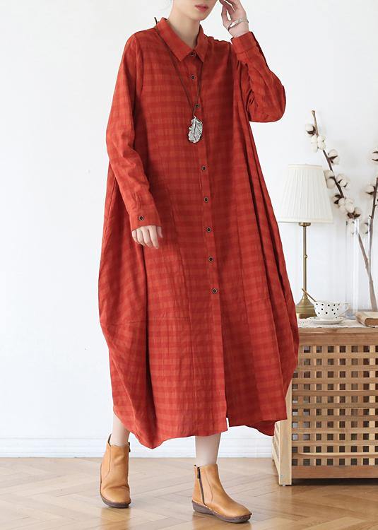 Women orange red dresses lapel Button Down Maxi fall Dress - SooLinen