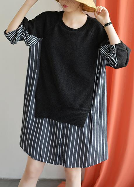 Women patchwork Cotton dress Wardrobes black Dress fall - SooLinen