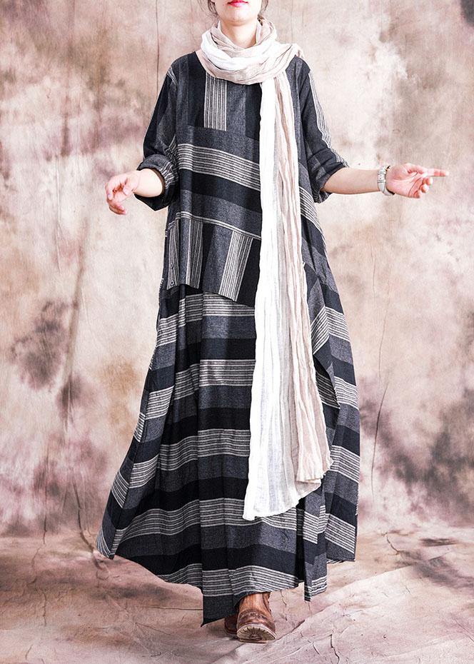 Women patchwork linen clothes Sewing gray striped Dress fall - SooLinen