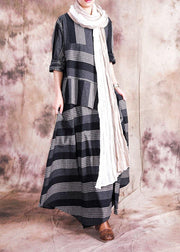 Women patchwork linen clothes Sewing gray striped Dress fall - SooLinen