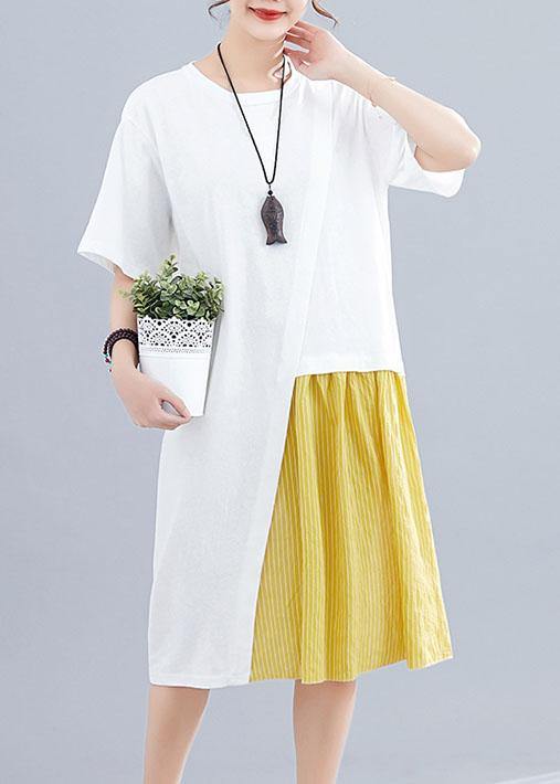 Women patchwork o neck linen dresses Sewing white Dresses summer - SooLinen