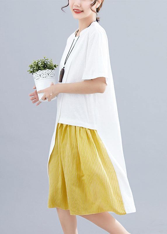 Women patchwork o neck linen dresses Sewing white Dresses summer - SooLinen