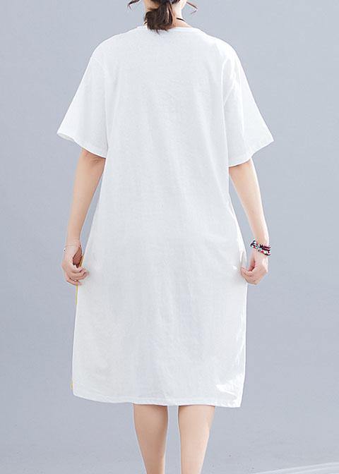 Women patchwork o neck linen dresses Sewing white Dresses summer - SooLinen