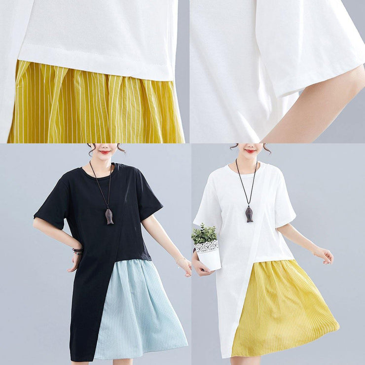 Women patchwork o neck linen dresses Sewing white Dresses summer - SooLinen