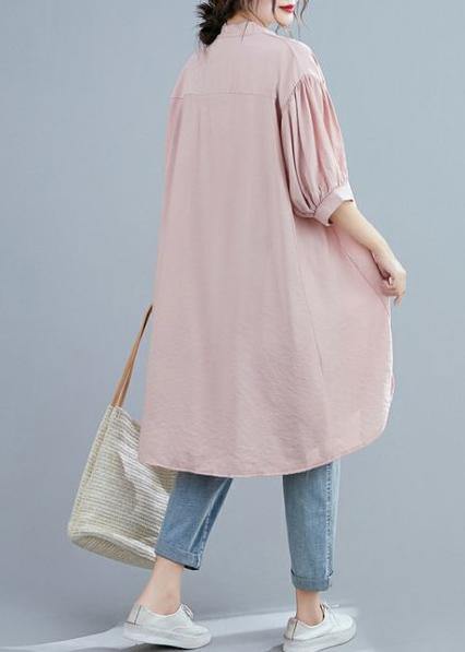 Women pink clothes v neck lantern sleeve Art summer top - SooLinen