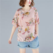 Women pink floral linen top silhouette Plus Size Outfits o neck Cinched tops