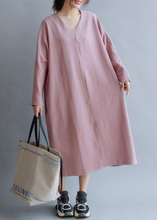 Women pink linen cotton outfit v neck Traveling fall Dresses - SooLinen