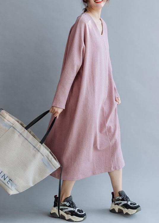 Women pink linen cotton outfit v neck Traveling fall Dresses - SooLinen