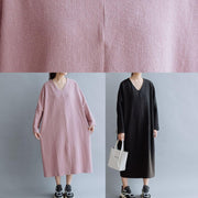 Women pink linen cotton outfit v neck Traveling fall Dresses - SooLinen