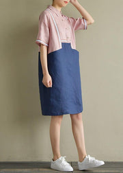 Women pink patchwork blue linen Robes lapel shift summer Dress - SooLinen