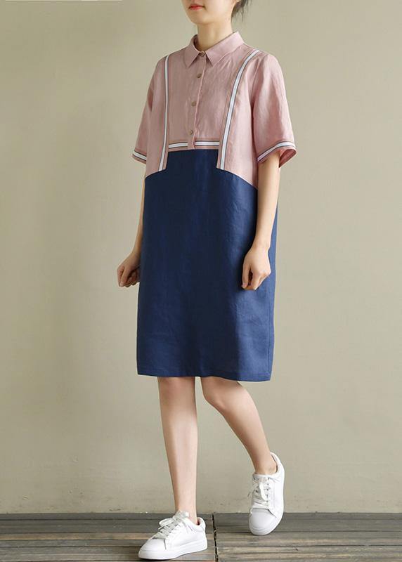 Women pink patchwork blue linen Robes lapel shift summer Dress - SooLinen