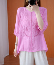 Women pink shirts v neck embroidery oversized summer shirts - SooLinen