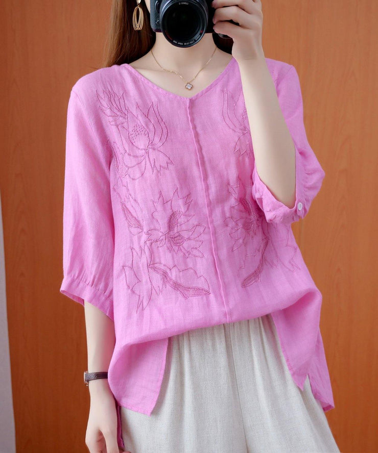 Women pink shirts v neck embroidery oversized summer shirts - SooLinen