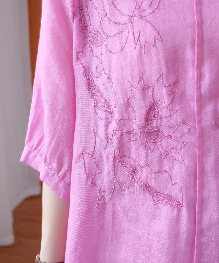 Women pink shirts v neck embroidery oversized summer shirts - SooLinen