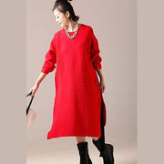 Women red Sweater dresses Tejidos Largo side open knit top