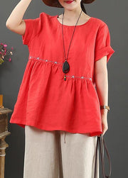 Women red cotton linen tops Cotton o neck Cinched tops - SooLinen