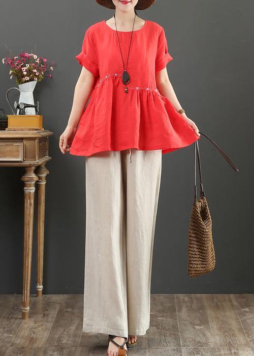 Women red cotton linen tops Cotton o neck Cinched tops - SooLinen