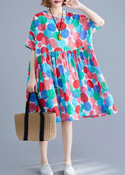 Women red dotted Cotton quilting clothes o neck Cinched Knee summer Dress - SooLinen