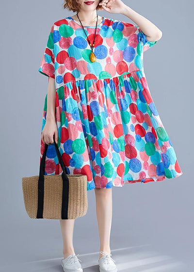 Women red dotted Cotton quilting clothes o neck Cinched Knee summer Dress - SooLinen