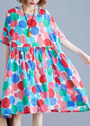 Women red dotted Cotton quilting clothes o neck Cinched Knee summer Dress - SooLinen