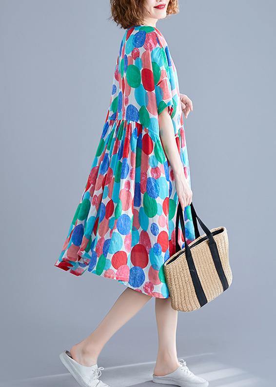 Women red dotted Cotton quilting clothes o neck Cinched Knee summer Dress - SooLinen