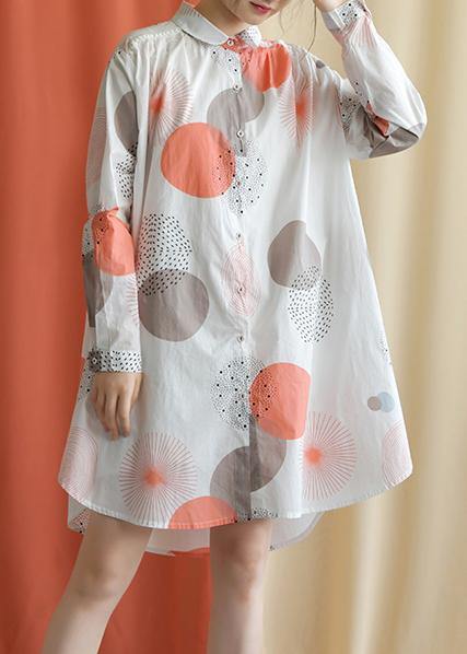 Women red dotted Cotton tunic pattern lapel asymmetric baggy fall Dresses - SooLinen