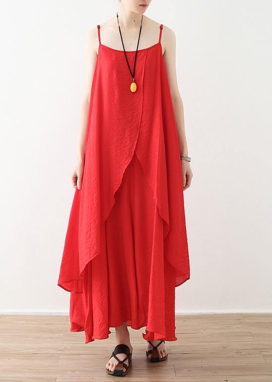 Women red dresses Fashion Spaghetti Strap asymmetric loose Summer Dresses - SooLinen