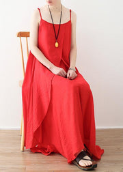 Women red dresses Fashion Spaghetti Strap asymmetric loose Summer Dresses - SooLinen