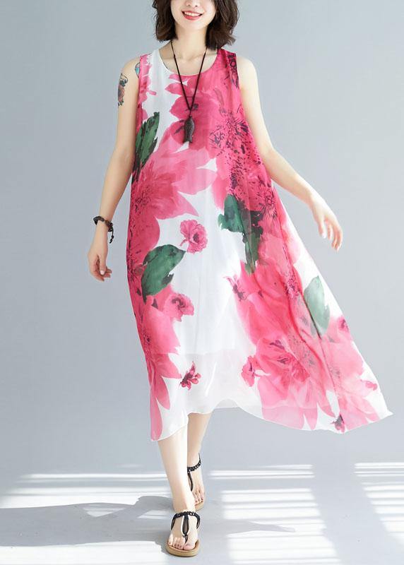 Women red floral cotton Tunic sleeveless Maxi summer Dresses - SooLinen