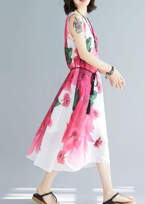 Women red floral cotton Tunic sleeveless Maxi summer Dresses - SooLinen