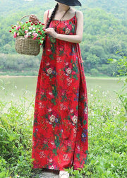 Women red floral cotton linen Tunics Organic Tutorials sleeveless daily summer Dress - SooLinen