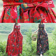 Women red floral cotton linen Tunics Organic Tutorials sleeveless daily summer Dress - SooLinen