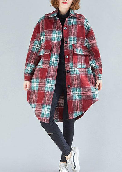 Women red green plaid cotton tops women lapel Button tunic blouse - SooLinen