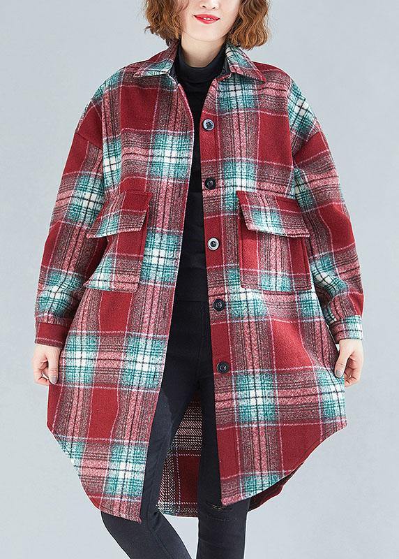 Women red green plaid cotton tops women lapel Button tunic blouse - SooLinen