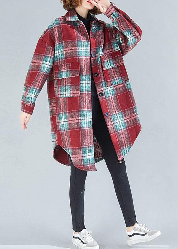 Women red green plaid cotton tops women lapel Button tunic blouse - SooLinen