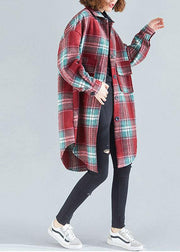 Women red green plaid cotton tops women lapel Button tunic blouse - SooLinen