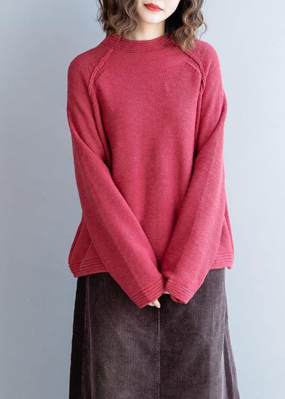 Women red knitted pullover o neck Button Down oversized knitwear - SooLinen