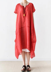 Women red linen Robes o neck patchwork Maxi summer Dresses - SooLinen