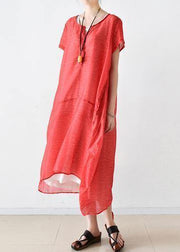 Women red linen Robes o neck patchwork Maxi summer Dresses - SooLinen