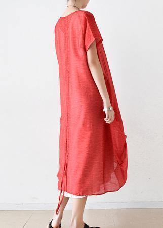 Women red linen Robes o neck patchwork Maxi summer Dresses - SooLinen