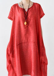 Women red linen Robes o neck patchwork Maxi summer Dresses - SooLinen