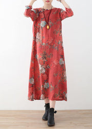 Women red linen outfit Fine Runway side open Maxi prints Dress - SooLinen