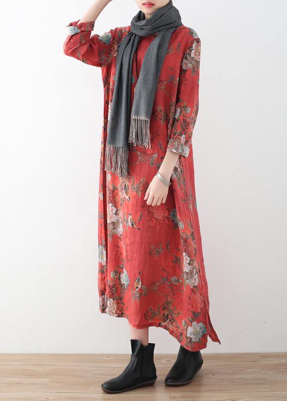 Women red linen outfit Fine Runway side open Maxi prints Dress - SooLinen