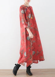 Women red linen outfit Fine Runway side open Maxi prints Dress - SooLinen