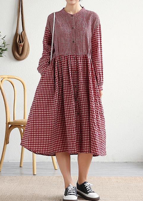 Women red plaid cotton linen clothes o neck patchwork cotton Dresses - SooLinen