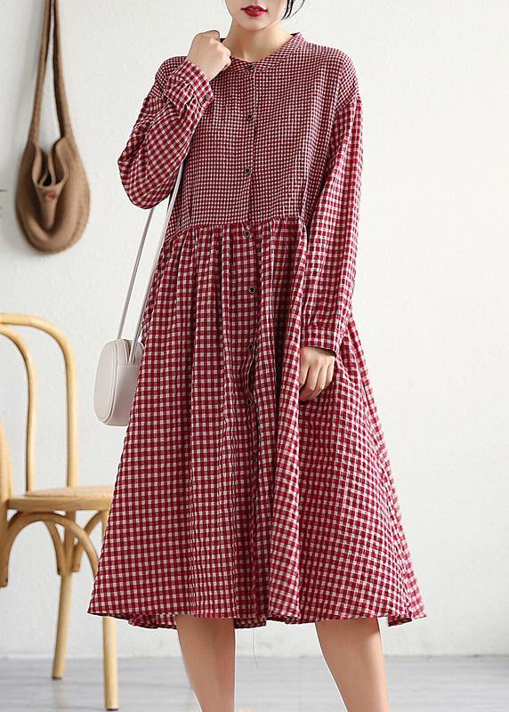 Women red plaid cotton linen clothes o neck patchwork cotton Dresses - SooLinen