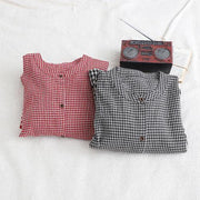 Women red plaid cotton linen clothes o neck patchwork cotton Dresses - SooLinen