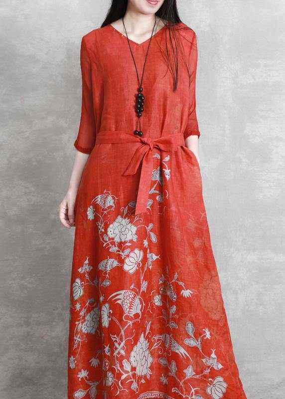 Women red print Robes v neck tie waist Maxi Dresses - SooLinen